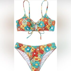Retro Floral‎ Print L Bikini Set Women's Tie Front Cutout Swimsuit Bathing Suit